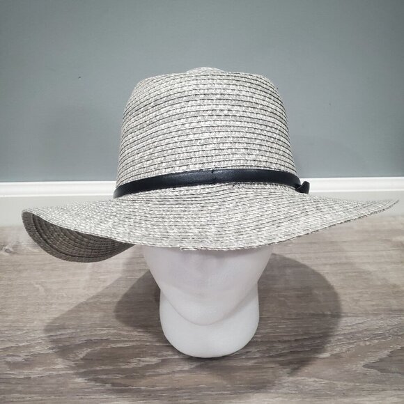 August Hat Co Wide Brim Woven Sun Hat Paper Straw Light Gray Black Accent Strap - Picture 2 of 11
